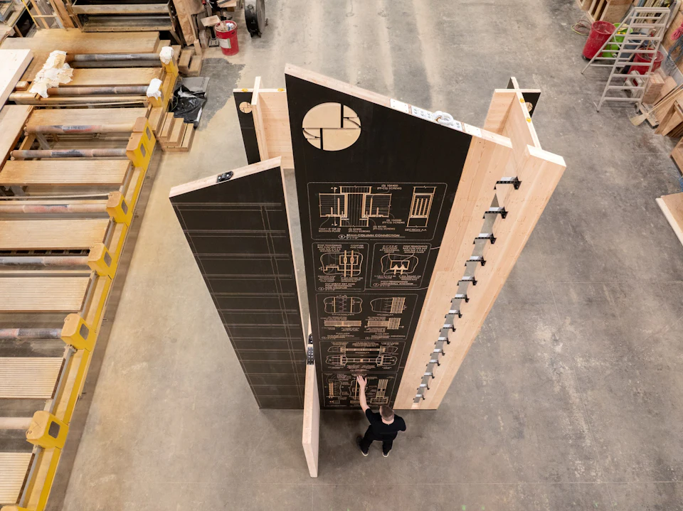 Overhead view of the CLT pavilion showing its wall arrangement and exposed steel connections.