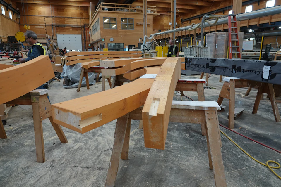 Curved glulam chapel members arranged for connection preparation in the StructureCraft shop.