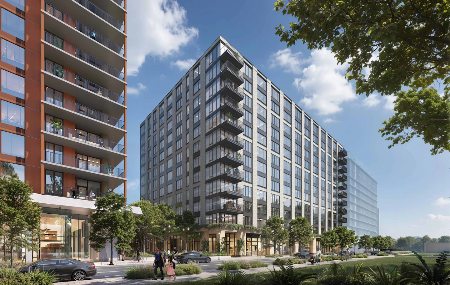 Bridge District Parcel 5 street perspective showing the residential tower and landscaped promenade in Washington, DC