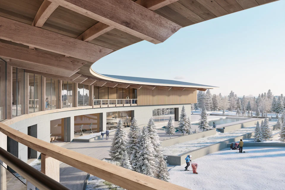Exterior rendering of Arclodge's curved timber roof and terrace at Powder Mountain.