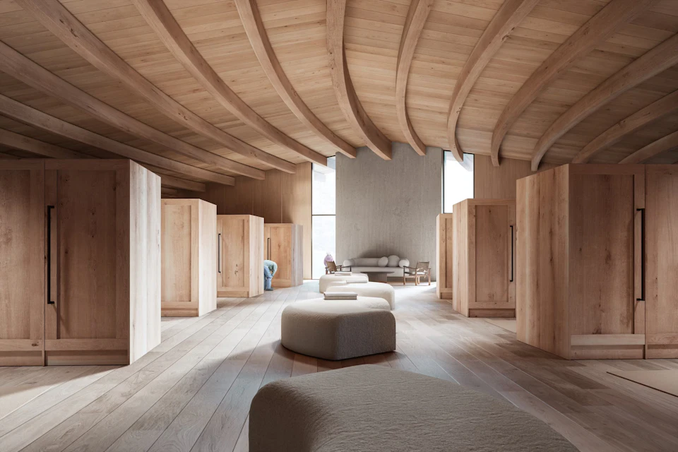 Interior rendering of Arclodge with the curving exposed timber roof above the gathering space.