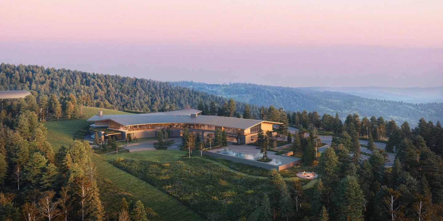 Summer rendering of Arclodge's sweeping timber roof in the Powder Mountain landscape.