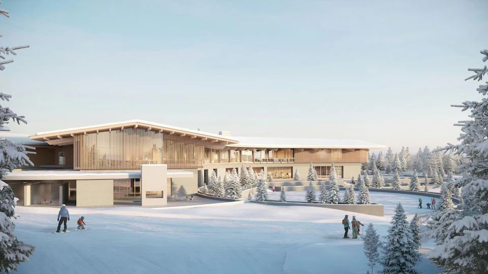 Winter rendering of Arclodge beneath snow-covered mountains at Powder Mountain.