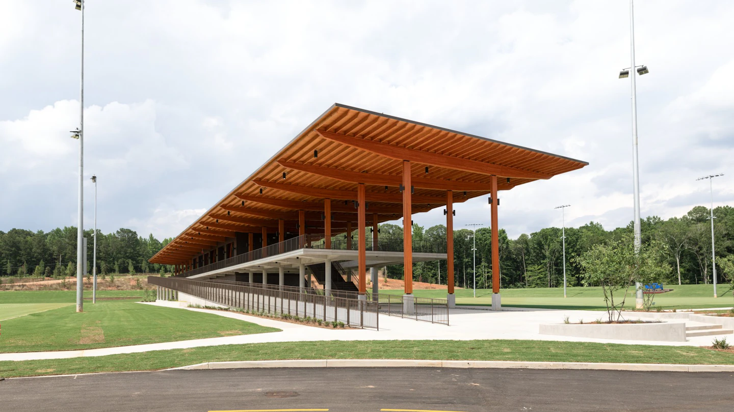 Full daytime view of the timber observation canopy along the U.S. Soccer training fields.
