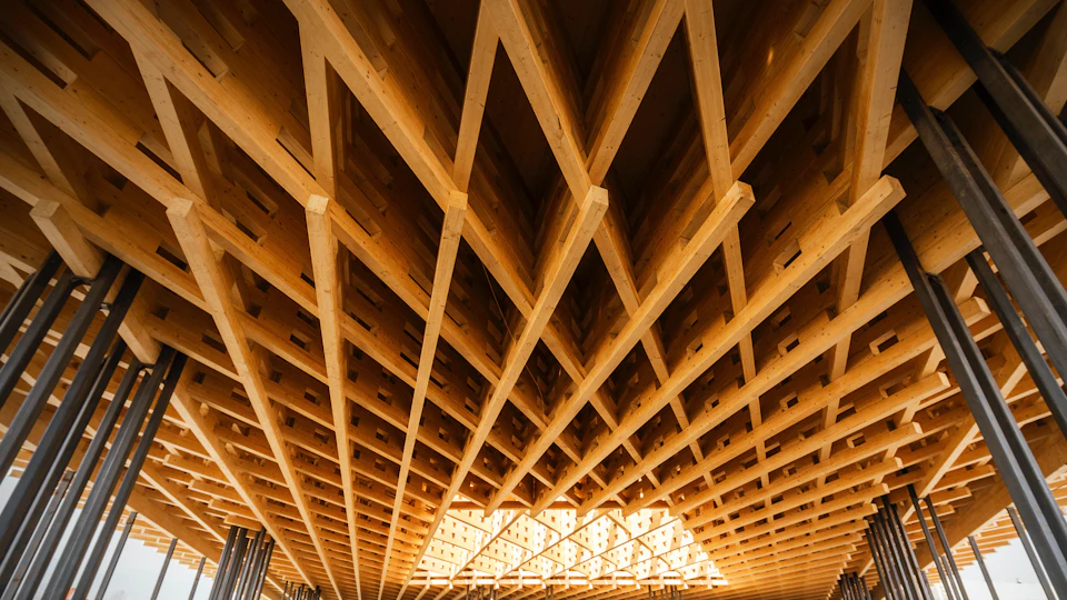 Close view beneath the diagonal wood lattice at Taiyuan Botanical Garden Tea House