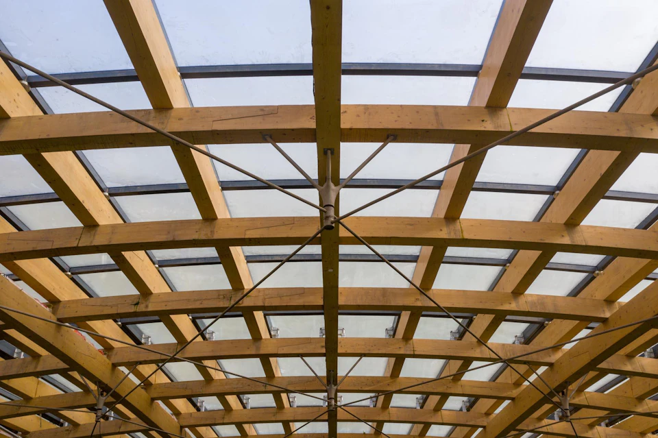 Wood roof grid viewed from below at Taiyuan Botanical Garden