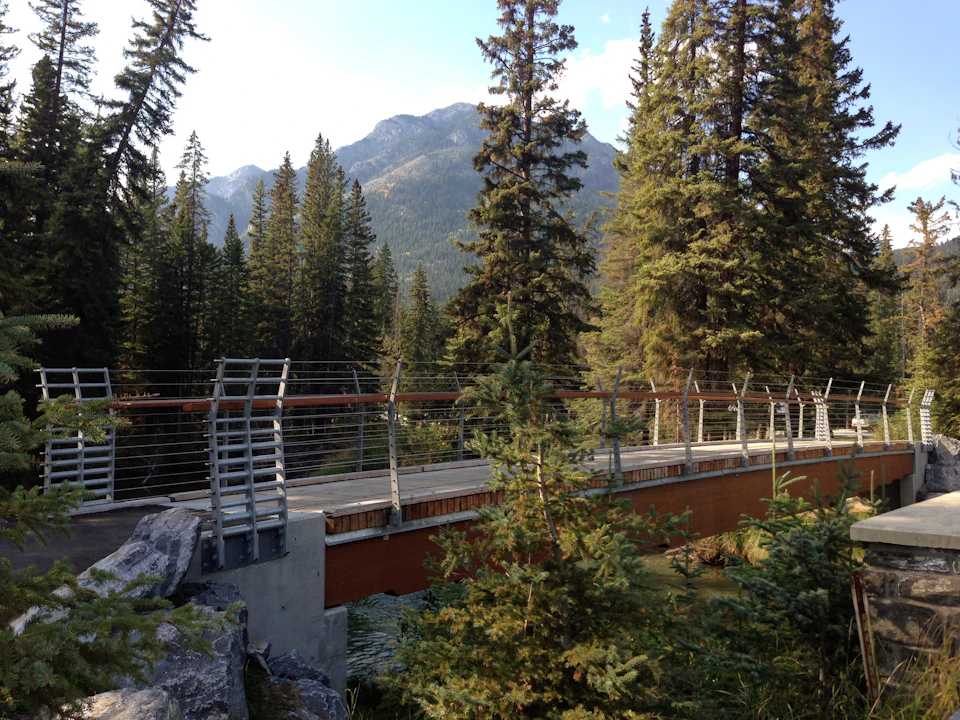 Banff Legacy Trail Bridge among mountain trees