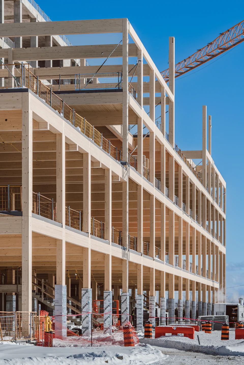 Exterior wood frame under construction at Peel Regional Police Operational Support Facility