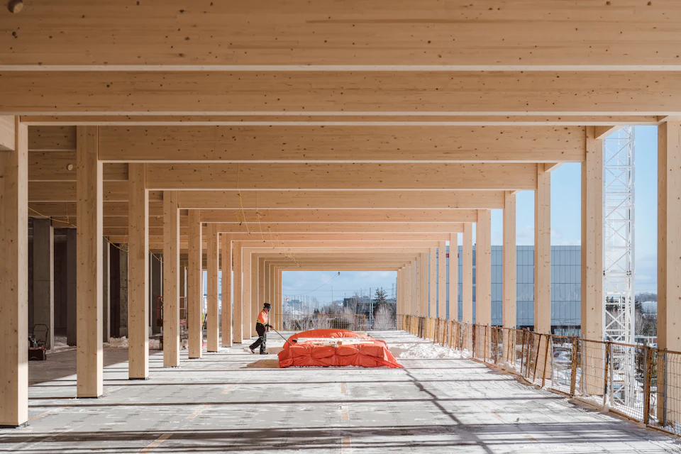 Rows of wood columns inside Peel Regional Police Operational Support Facility