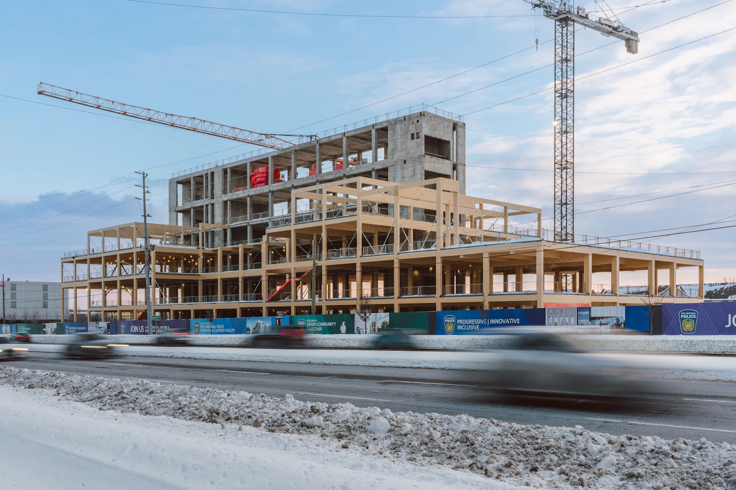 Wood frame under construction at Peel Regional Police Operational Support Facility