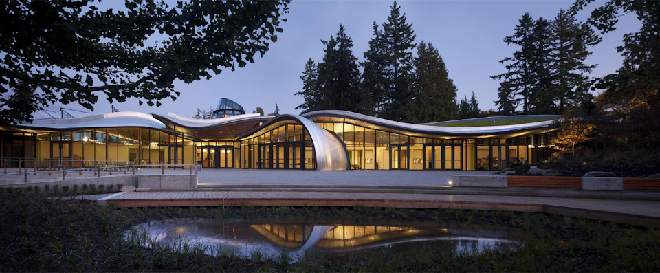 VanDusen Botanical Gardens Visitor Centre reflected in a pond