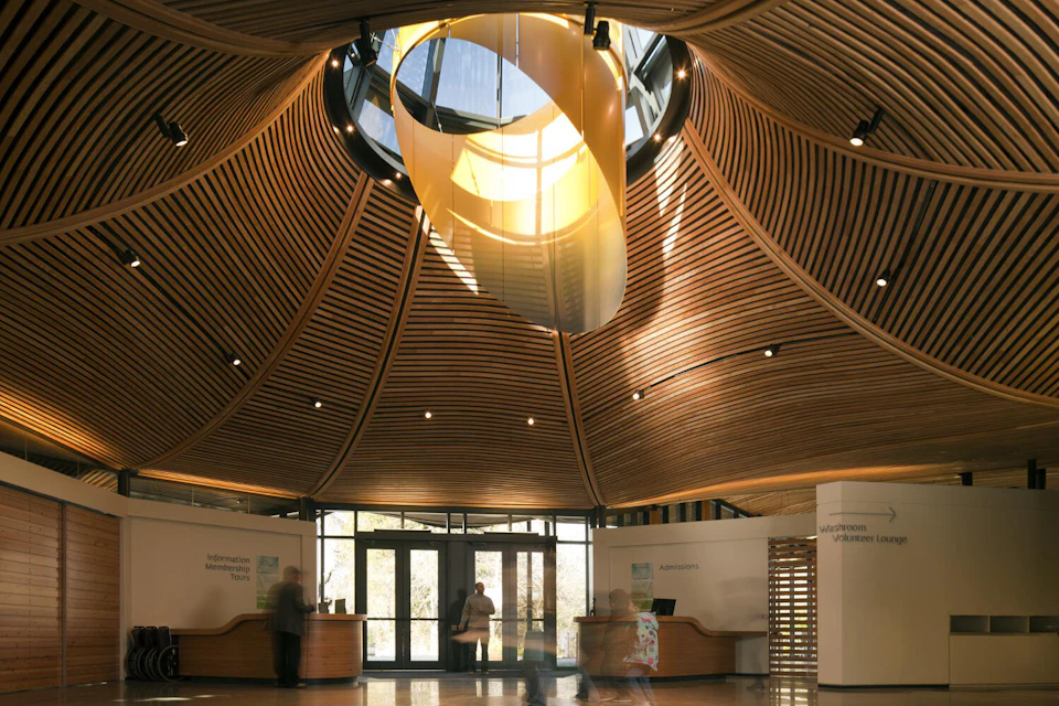 Circular skylight within the curving wood ceiling at VanDusen Botanical Gardens Visitor Centre