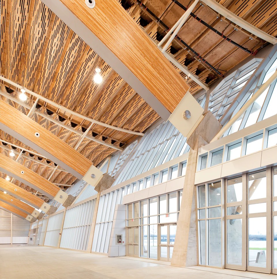 Wood roof and glazed wall inside Richmond Olympic Oval