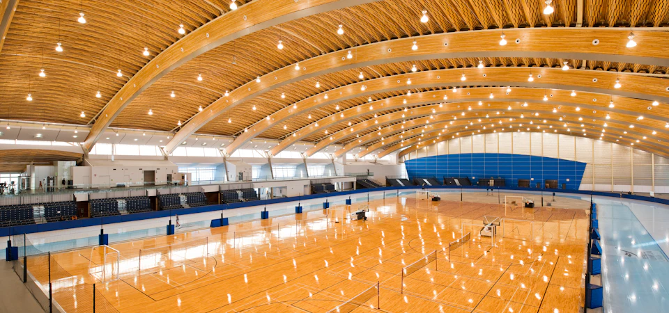 Ice rink beneath the wood roof at Richmond Olympic Oval