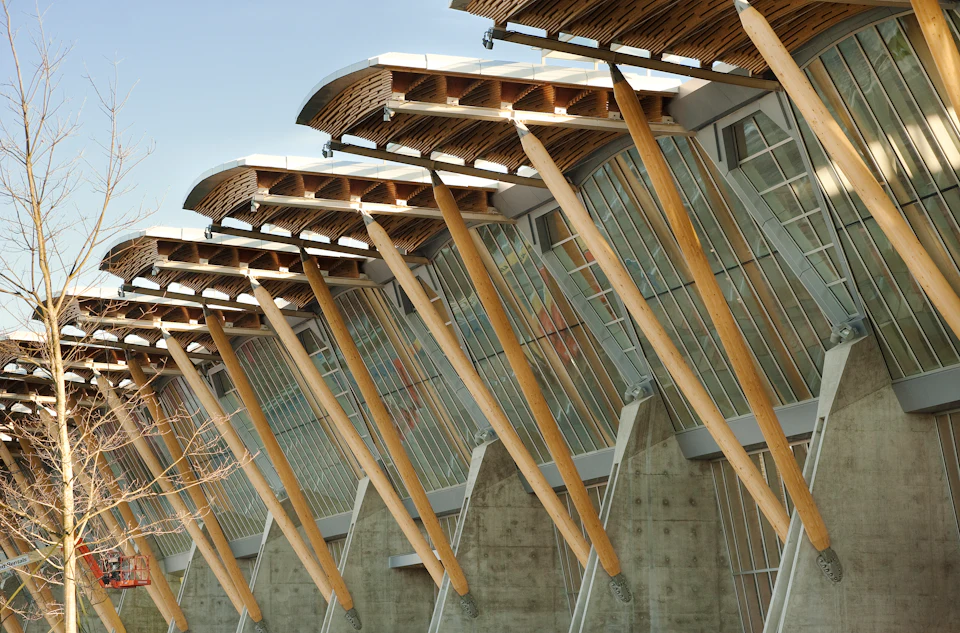 Sloping wood columns along the Richmond Olympic Oval exterior