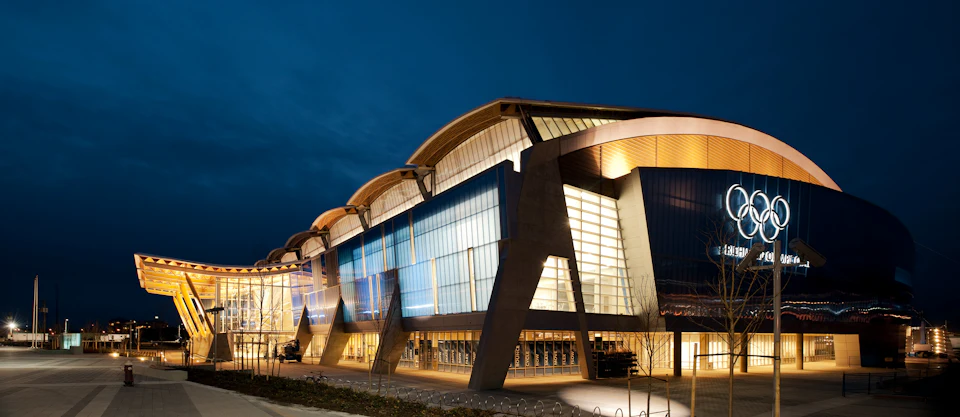 Exterior night view of Richmond Olympic Oval "Wood Wave" Roof