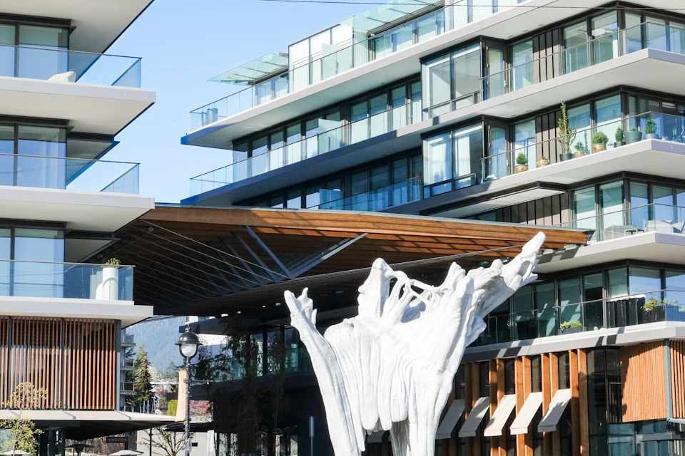 Ambleside Galleria canopy behind a white sculpture