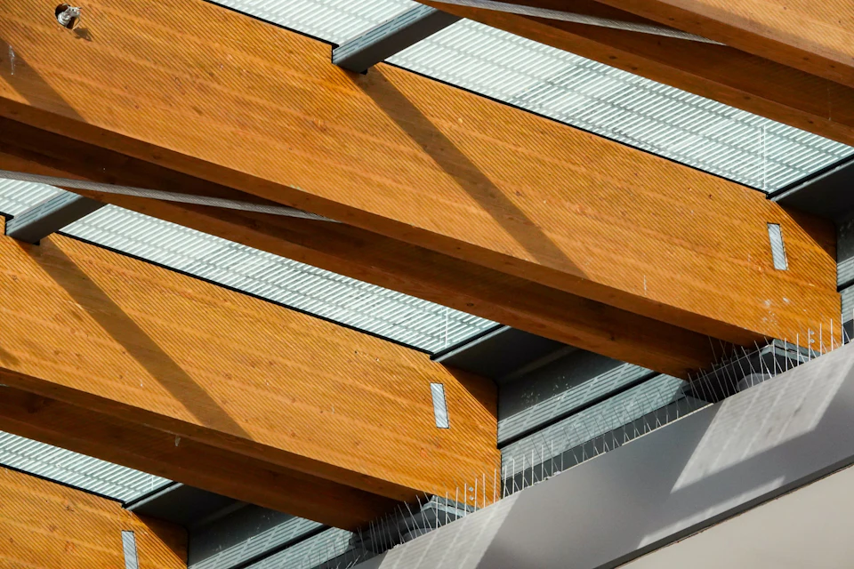 Wood beams beneath the Ambleside Galleria canopy
