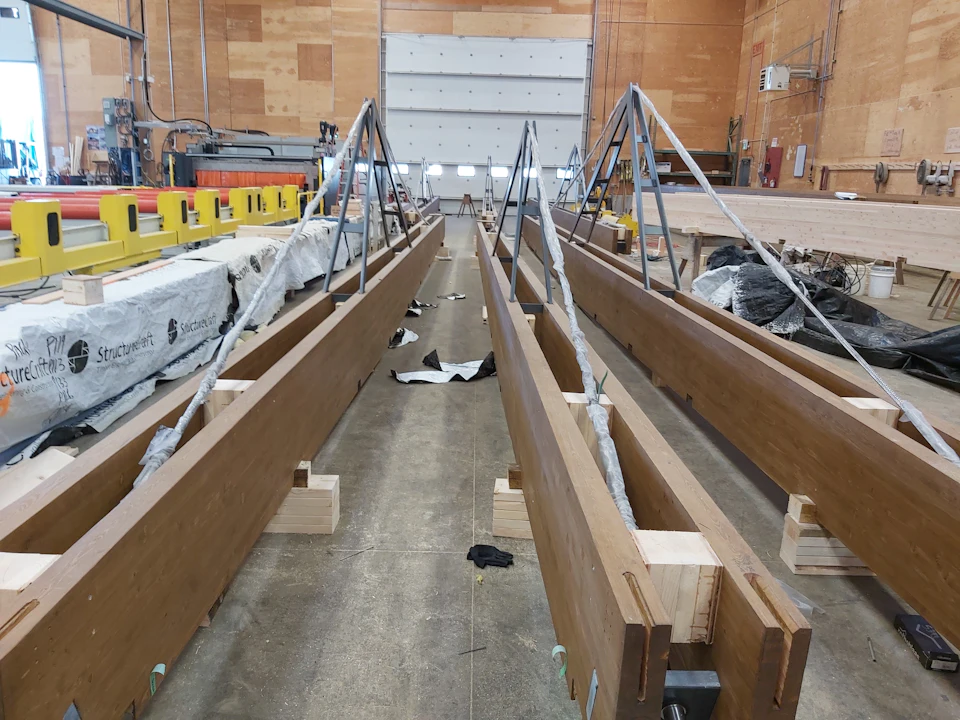 Components for Ambleside Galleria Canopy during shop fabrication