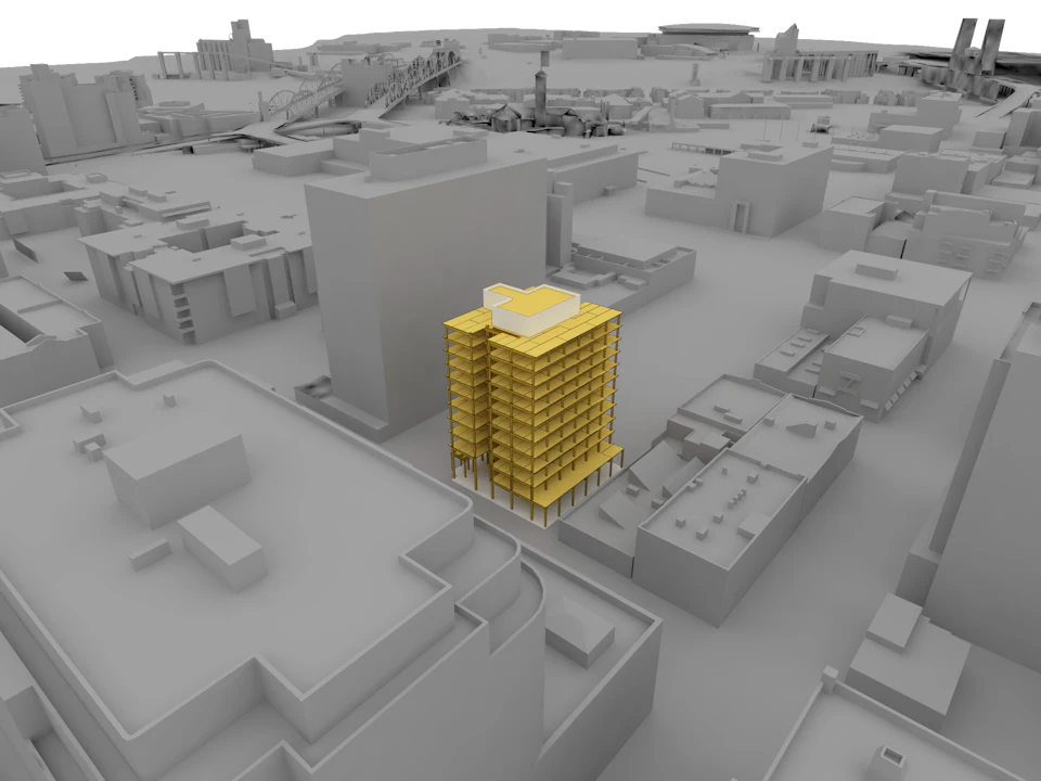 Site model with the Framework tower highlighted