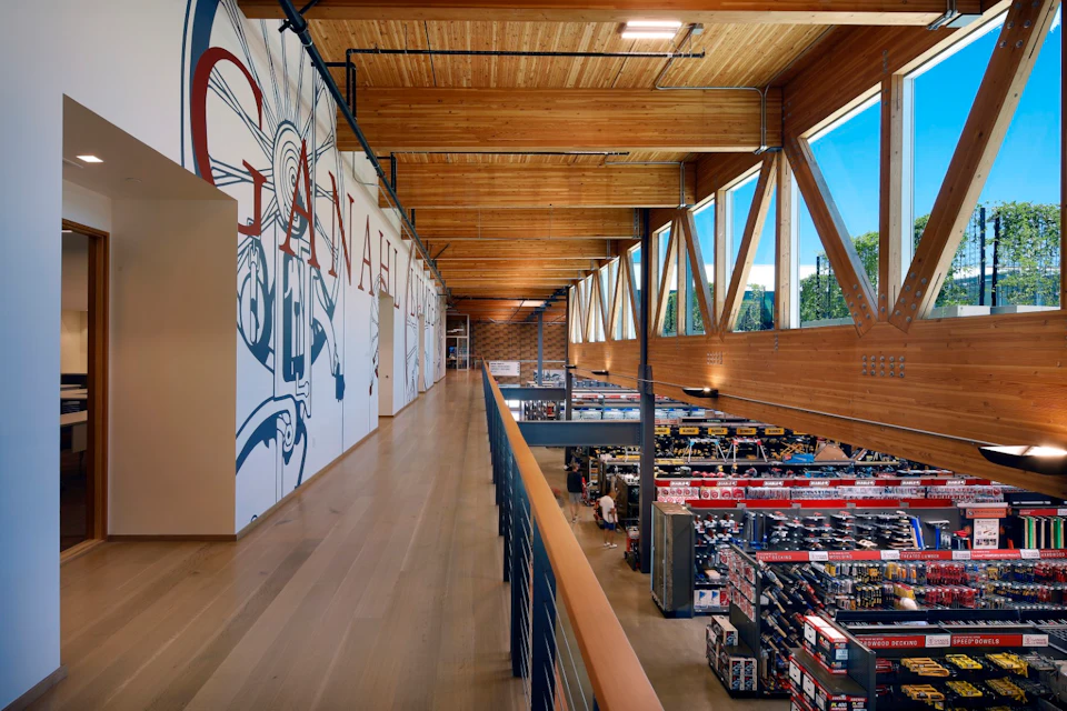 Retail interior beneath exposed wood at Ganahl Lumber
