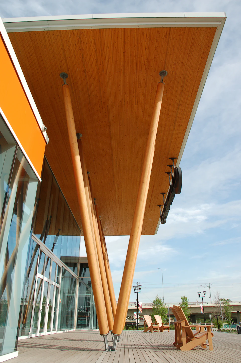 Timber entrance canopy at Calgary East Village Presentation Centre