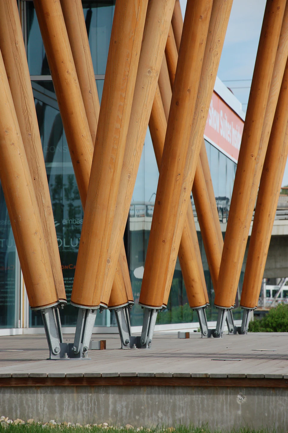 Angled wood columns at Calgary East Village Presentation Centre