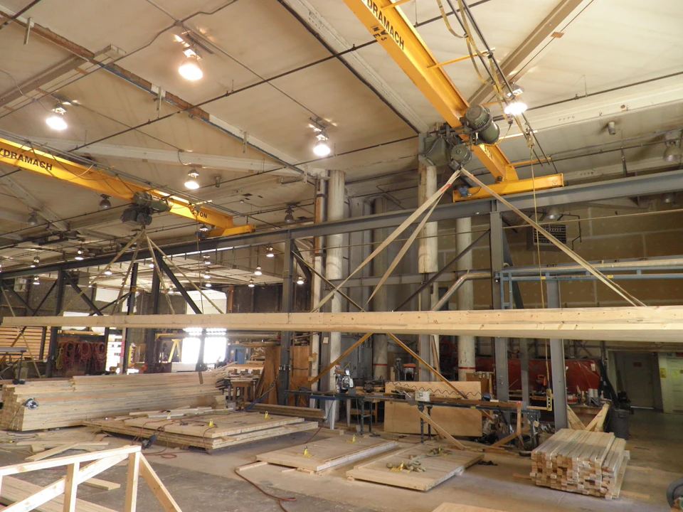 Components for Calgary East Village Presentation Centre during shop fabrication