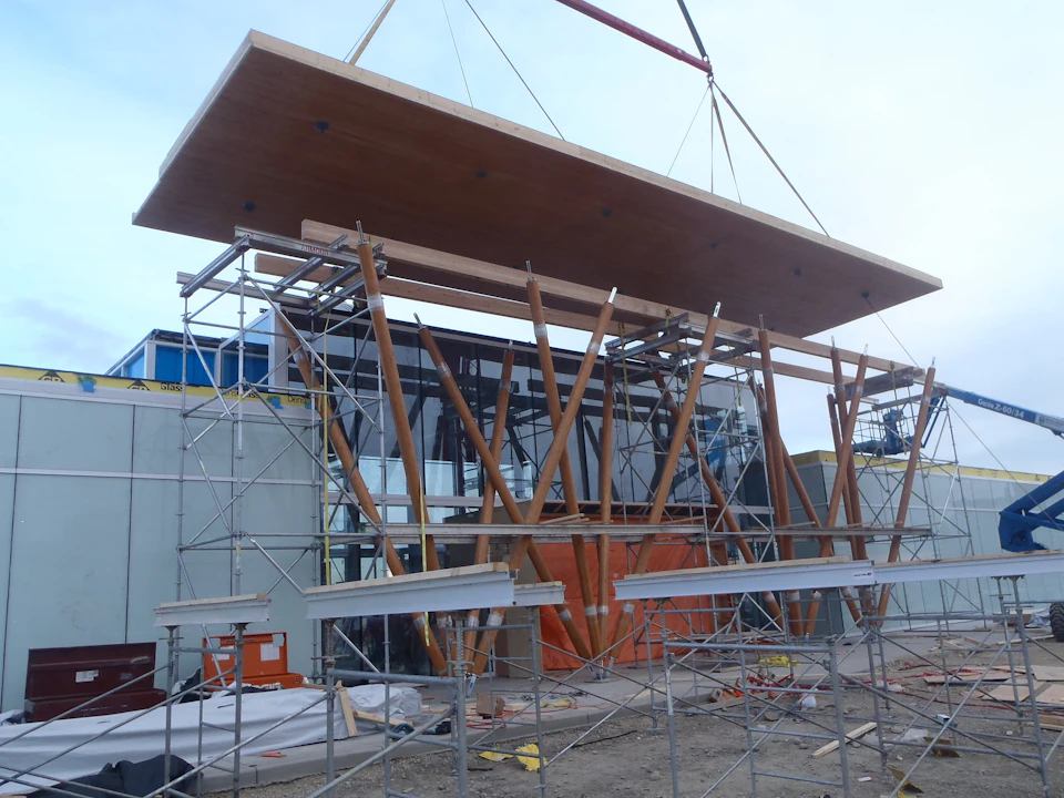 Structure for Calgary East Village Presentation Centre during installation