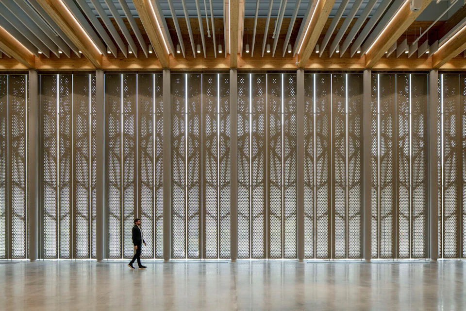 Tall wood screen wall inside The Event Center at Metropolitan Park