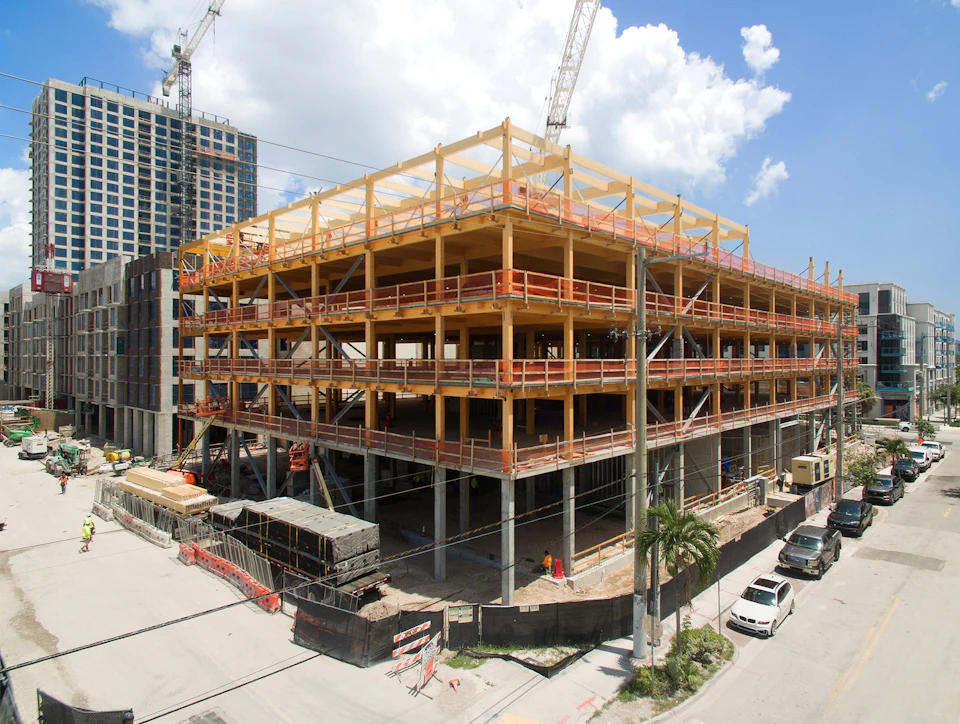 Aerial view of the T3 FAT Village frame under construction