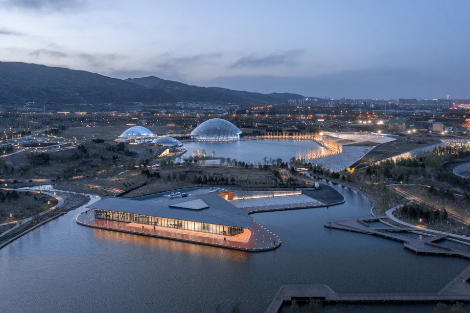 Aerial view of Taiyuan Botanical Garden Tea House and surrounding domes