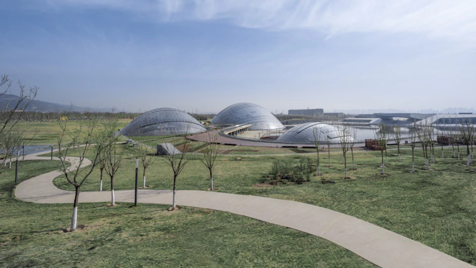 Taiyuan Botanical Garden domes across landscaped grounds