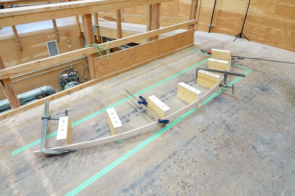 Full-scale spiral stair layout on the fabrication floor
