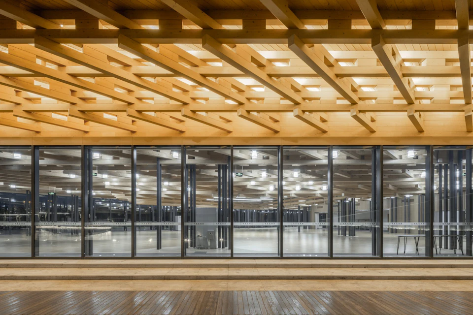 Glazed wall beneath the patterned Tea House roof