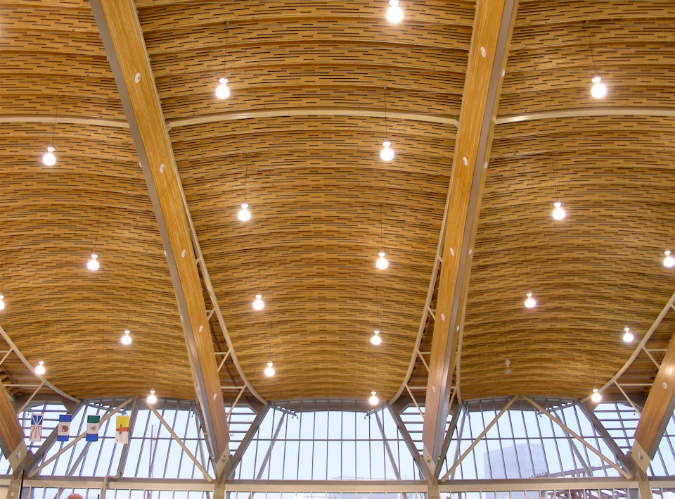 Curving wood roof viewed from below at Richmond Olympic Oval