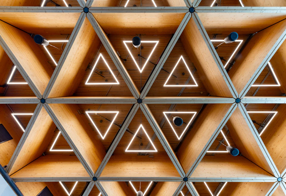 Triangular wood ceiling at Princeton University Commons