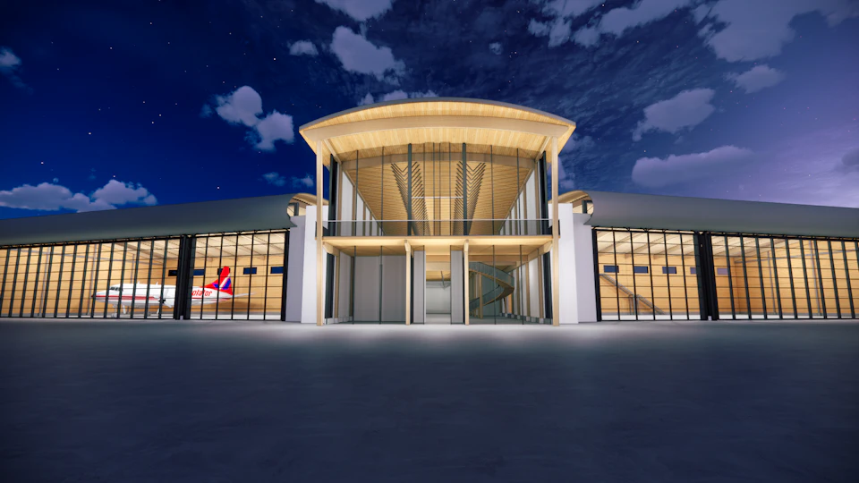 Architectural rendering of KF Aerospace Centre for Excellence at night