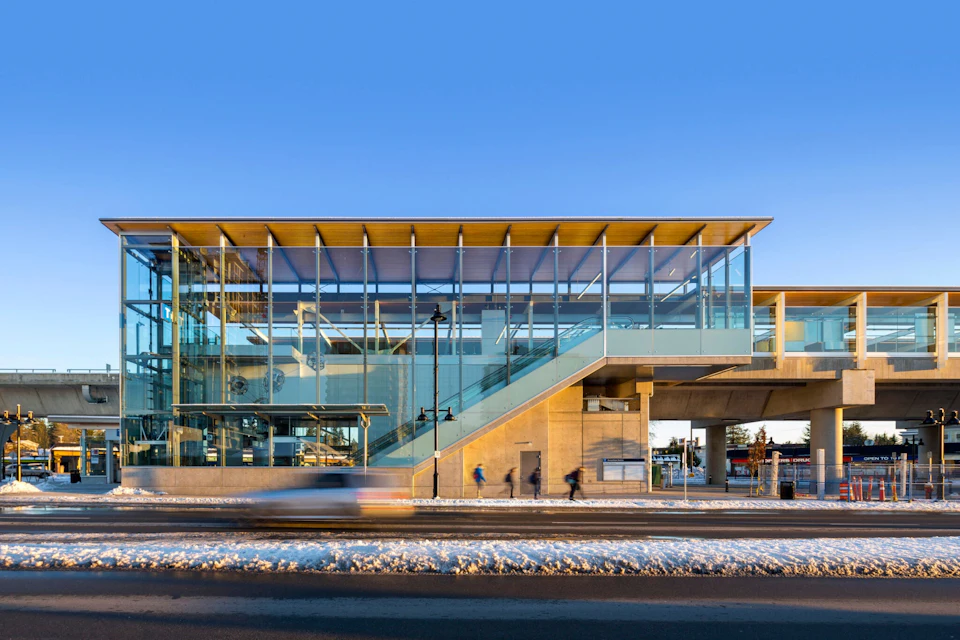 Completed Evergreen Line station with exposed wood roof