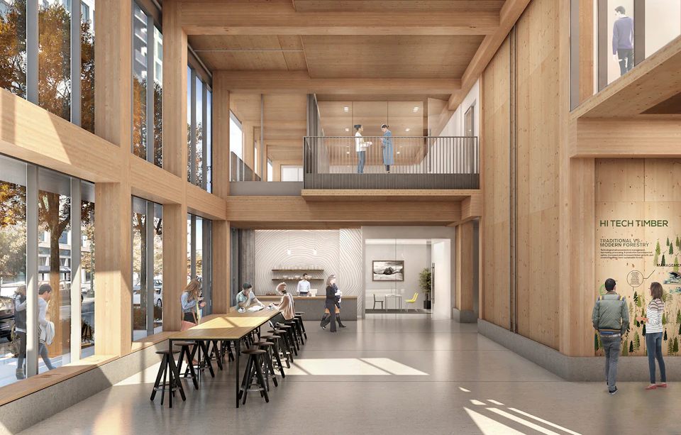 Architectural rendering of the timber interior at Framework