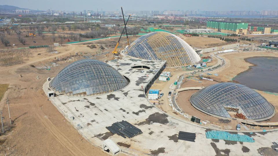 Aerial view of the Taiyuan Botanical Garden domes under construction