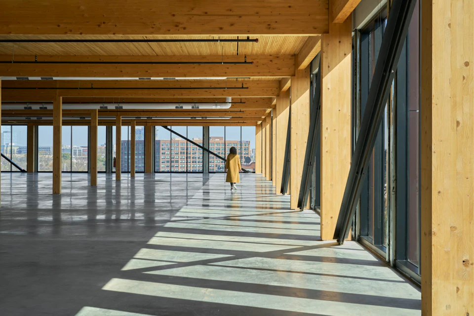 Open office floor framed with wood at T3 Wedgewood-Houston