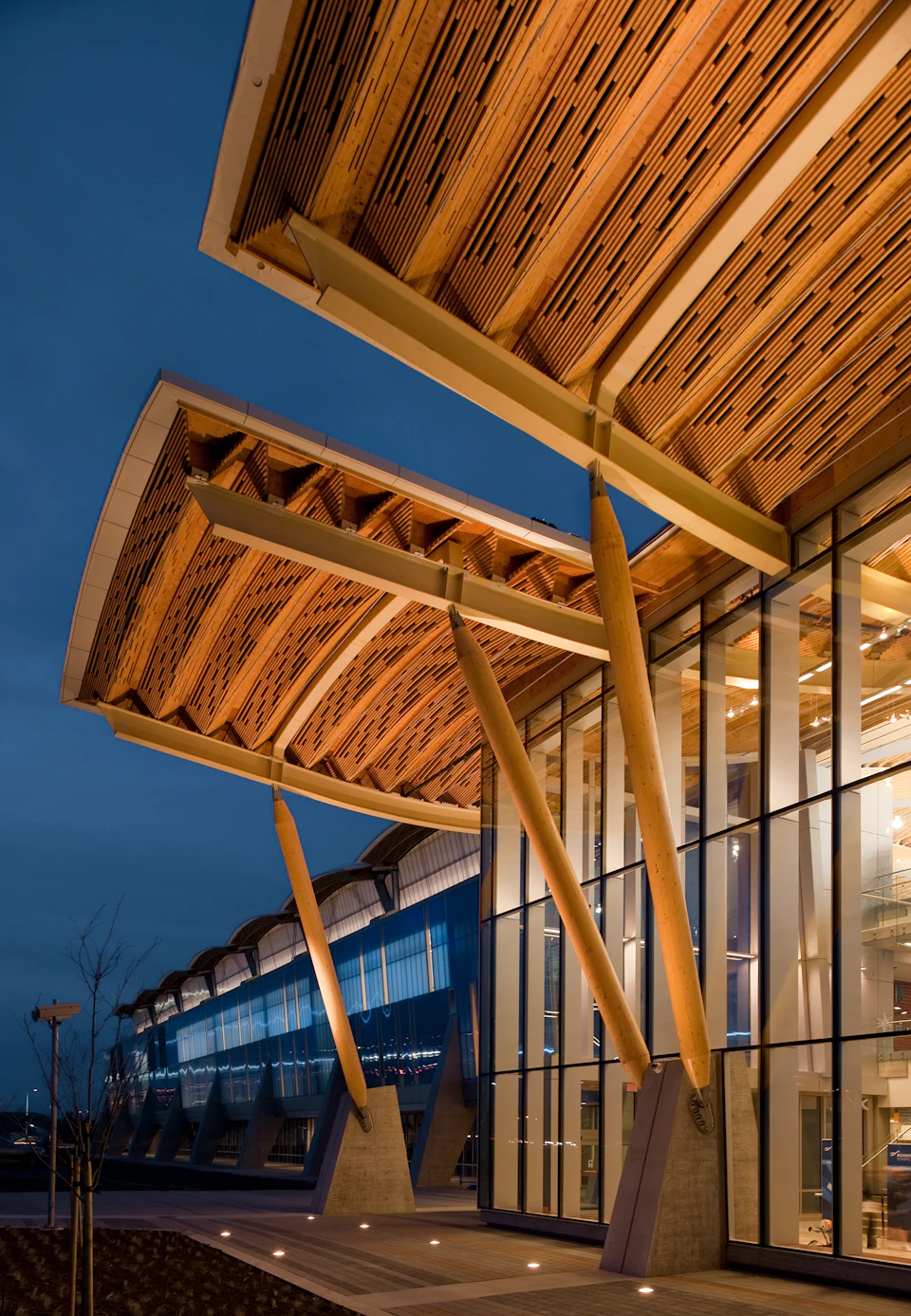 Wood roof canopies above an entrance to Richmond Olympic Oval