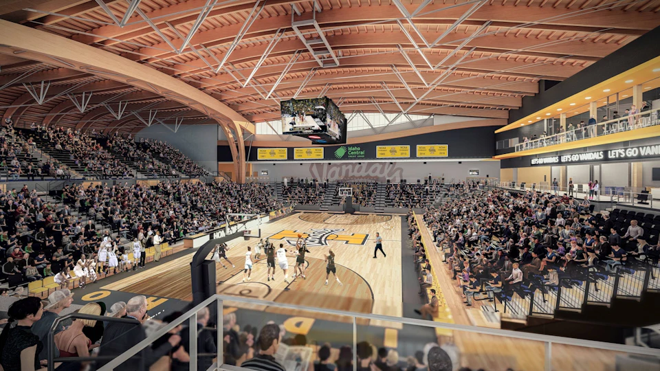 Crowded arena beneath an exposed timber roof at Idaho Central Credit Union Arena