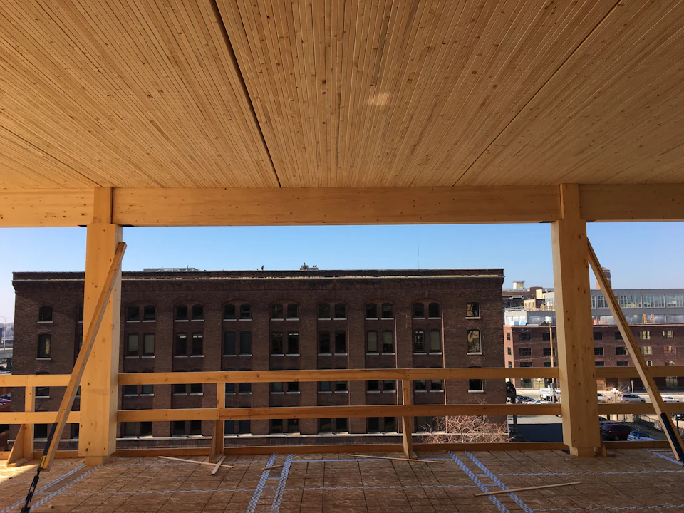 Wood-framed opening during construction at T3 Minneapolis