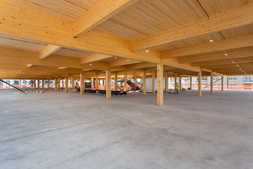 Open floor framed with wood at T3 FAT Village