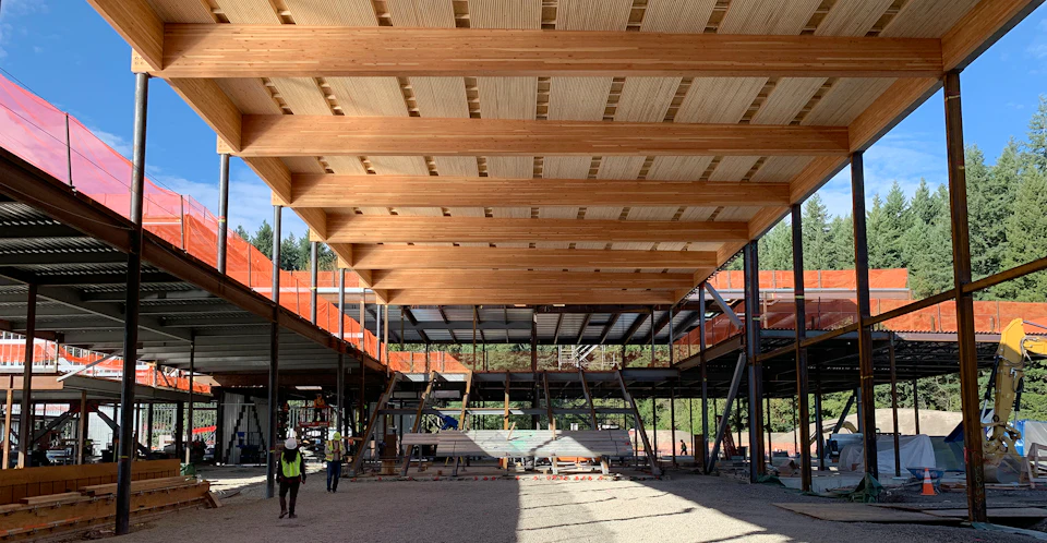 Covered walkway roof under construction at Kellogg Middle School