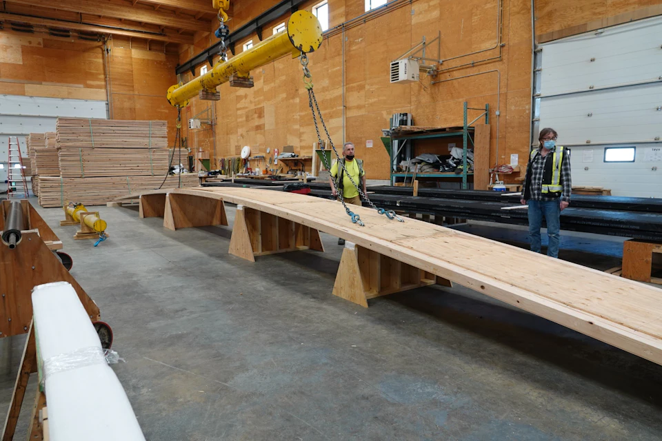 Long curved stair laminations in the fabrication shop