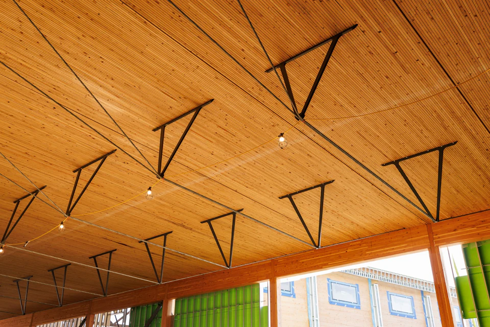 Exposed timber ceiling at KF Aerospace Centre for Excellence