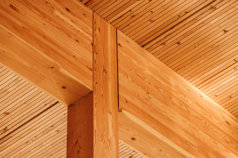 Wood beam-and-column junction inside KF Aerospace Centre